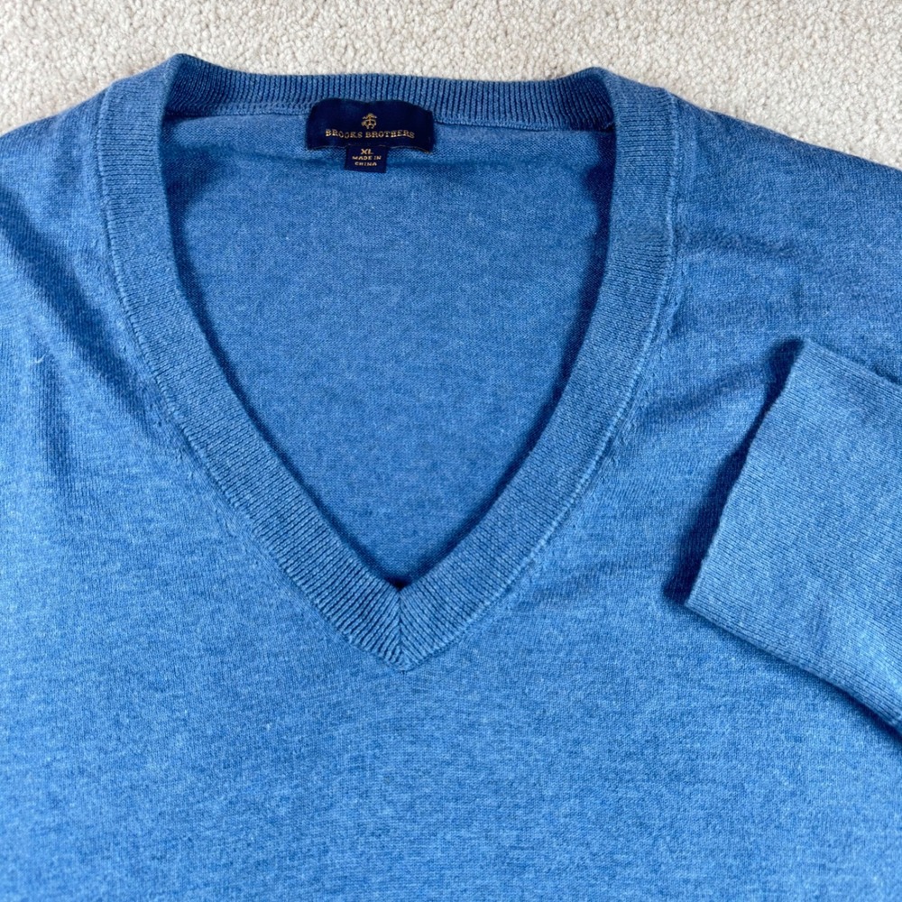 Brooks Brothers Mens XL Blue 100% Combed Cotton V-Neck Long Sleeve Sweater